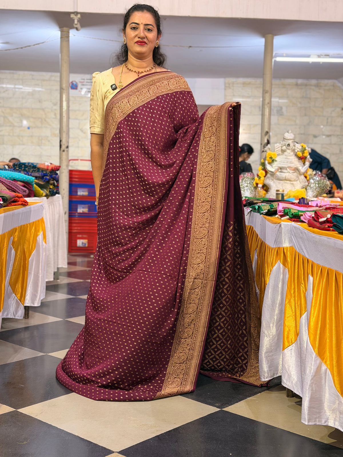 Wine mango border pure benarasi crepe silk saree