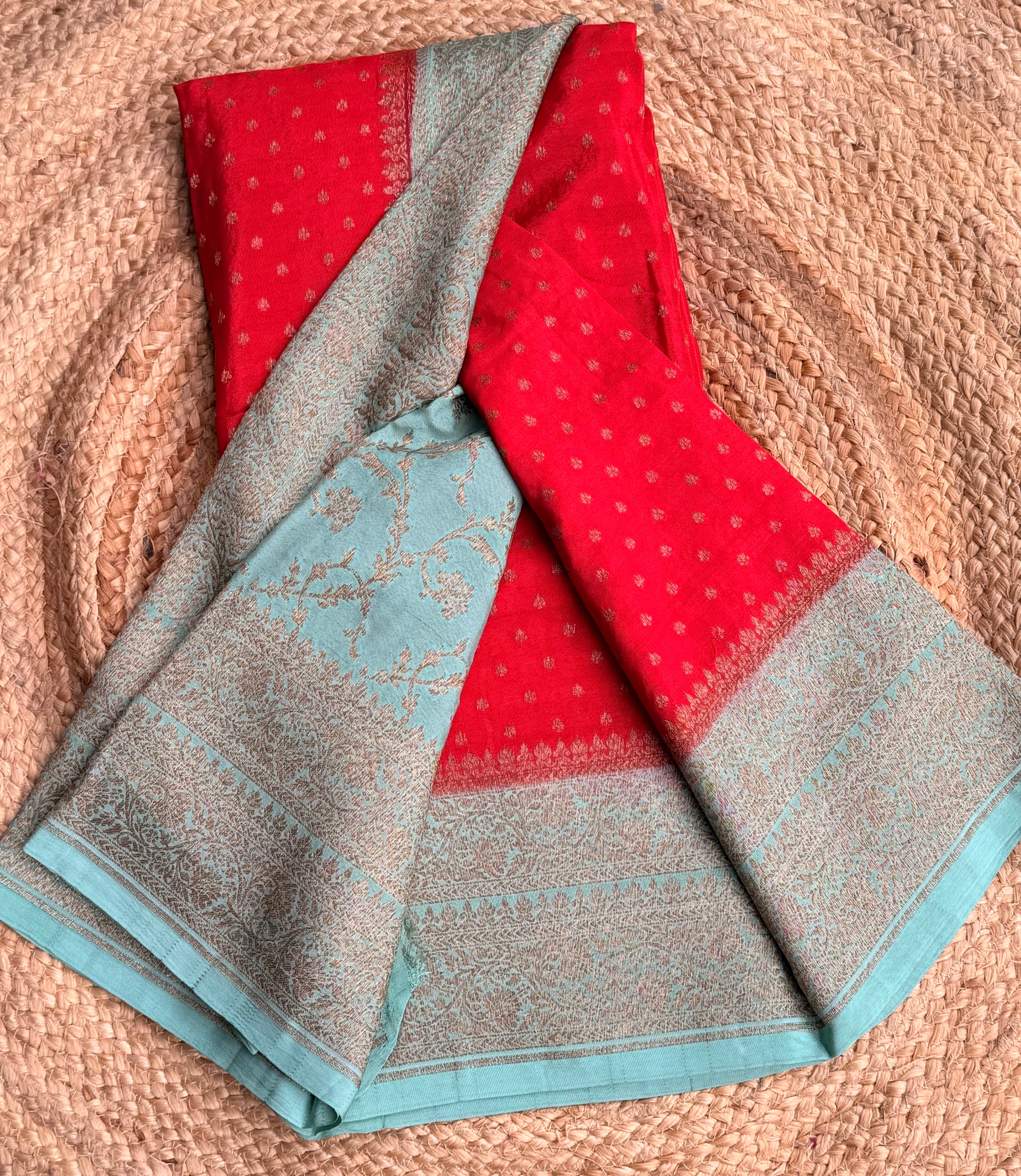 Red n sea green small butta benarasi crepe saree