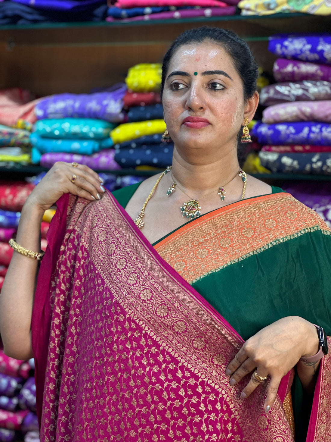 Green and pink orange pure crepe Banaras silk sarees.