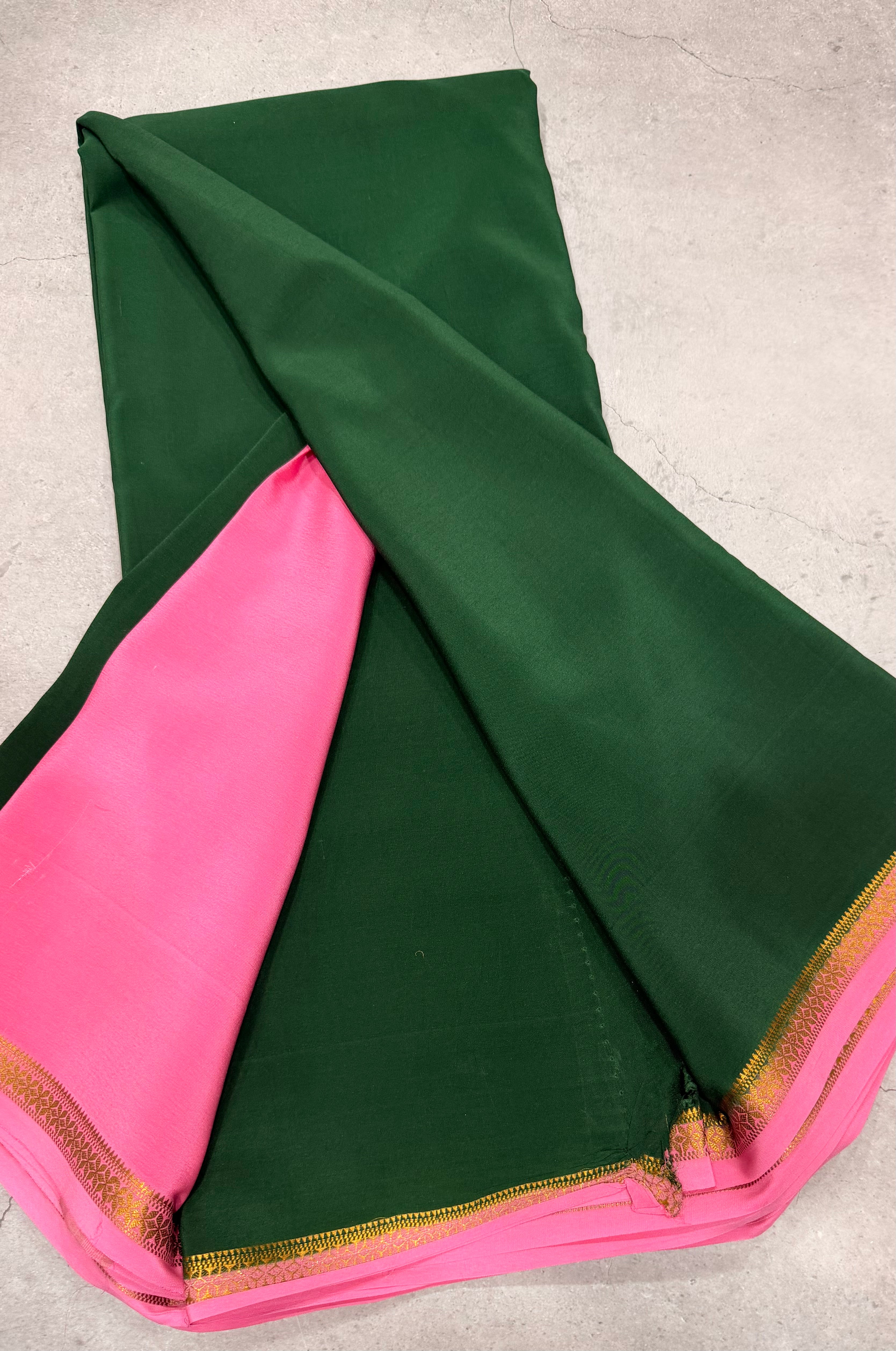 Bottle green one inch border pure Mysore silk crepe saree