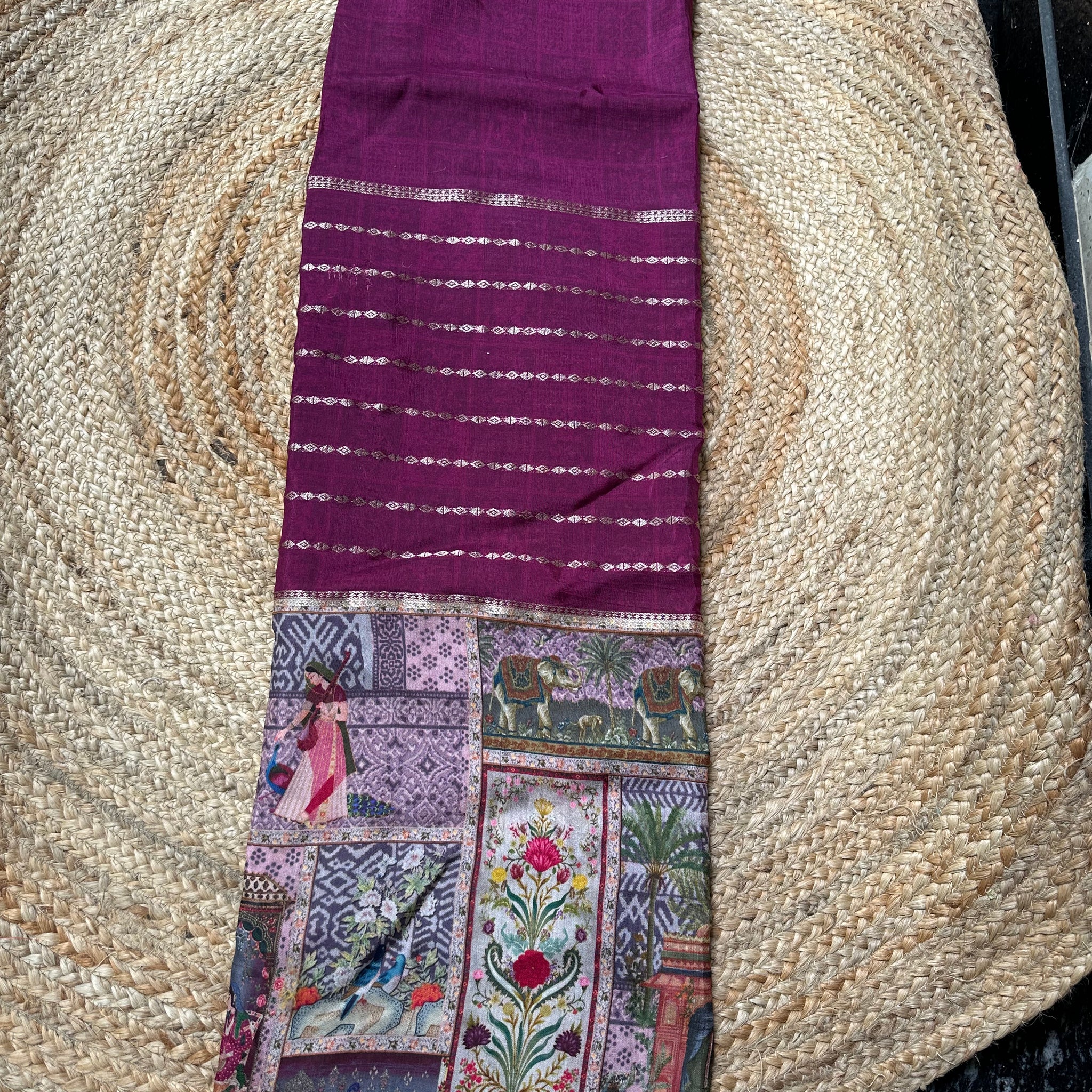 Wine crepe bottom kalamkari with central horizontal lines.
