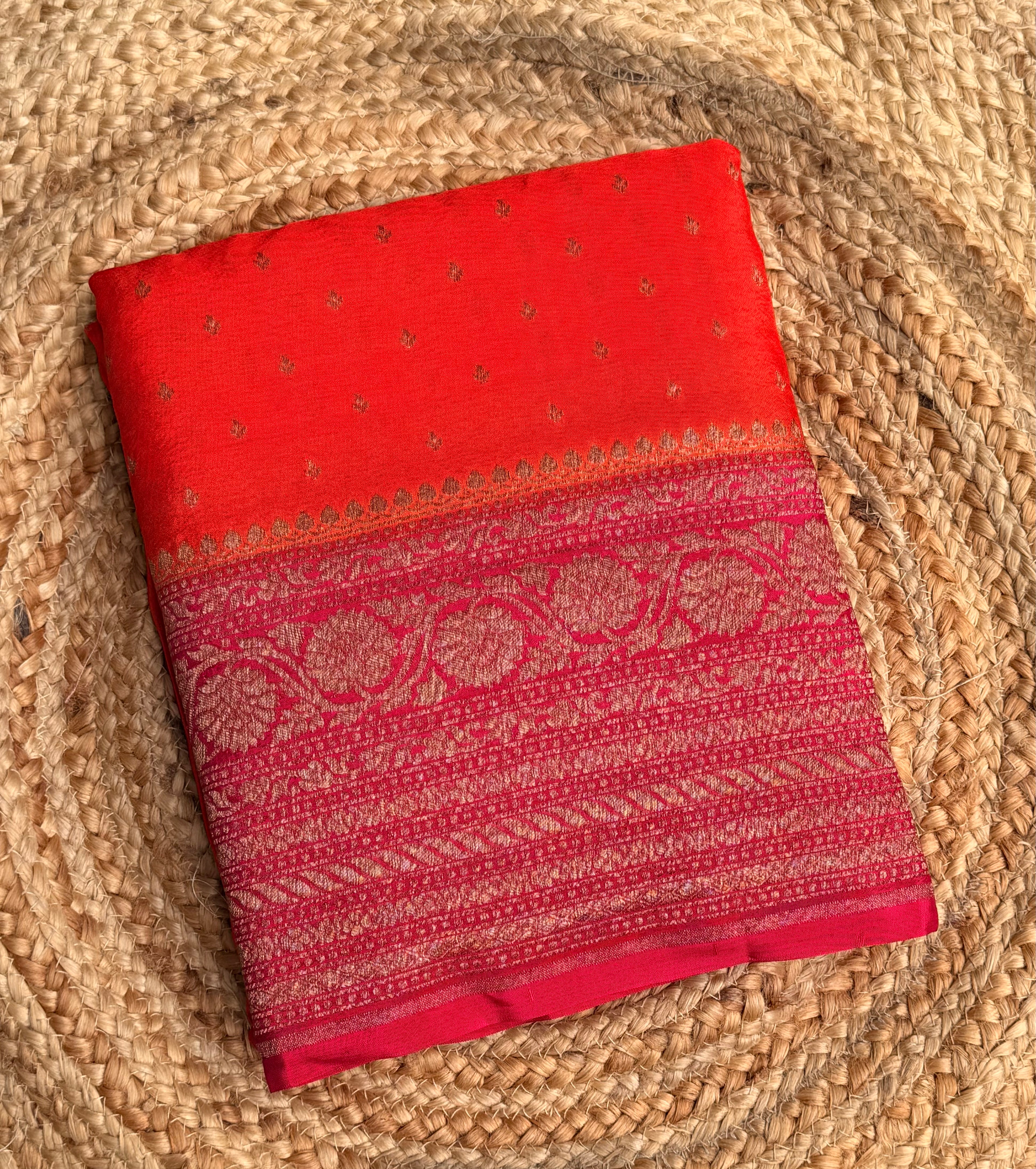 Orange n red small butta benarasi crepe saree