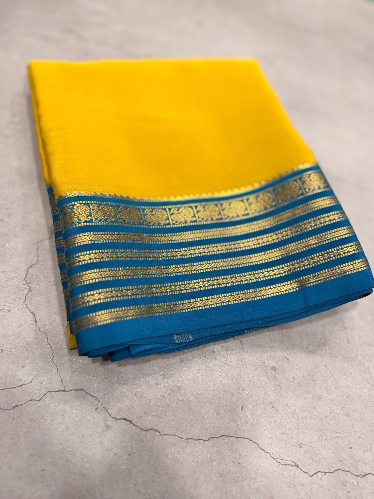 Neon yellow stripes border pure Mysore silk crepe saree