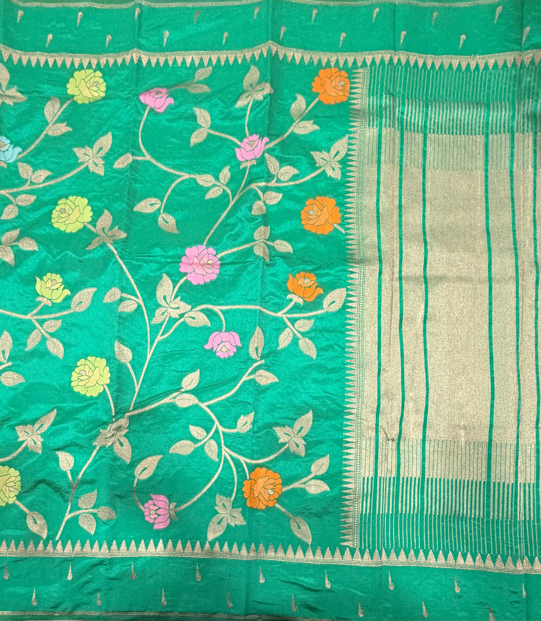 Sea green temple border tusser Paithani saree