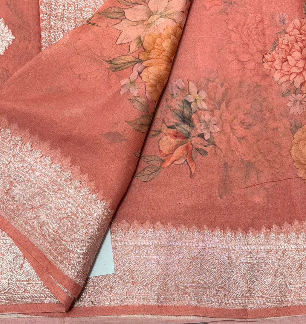 Peach digital print Banarasi pure tissue chiffon saree sliver zari saree