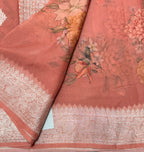 Peach digital print Banarasi pure tissue chiffon saree sliver zari saree
