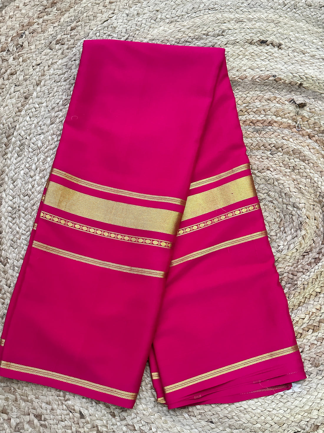 Rani pink 4 line border pure crepe Mysore Silk sarees