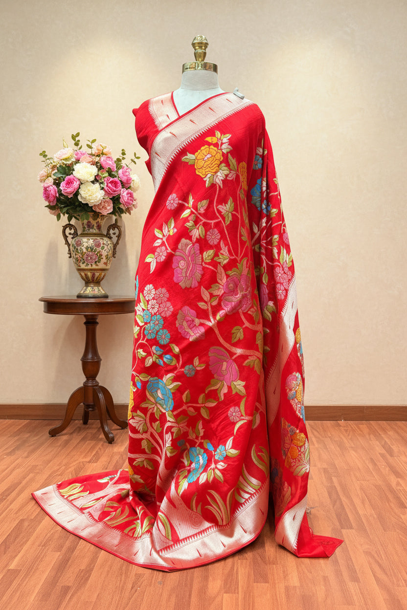 Red Meena work Tussar saree paithani border saree
