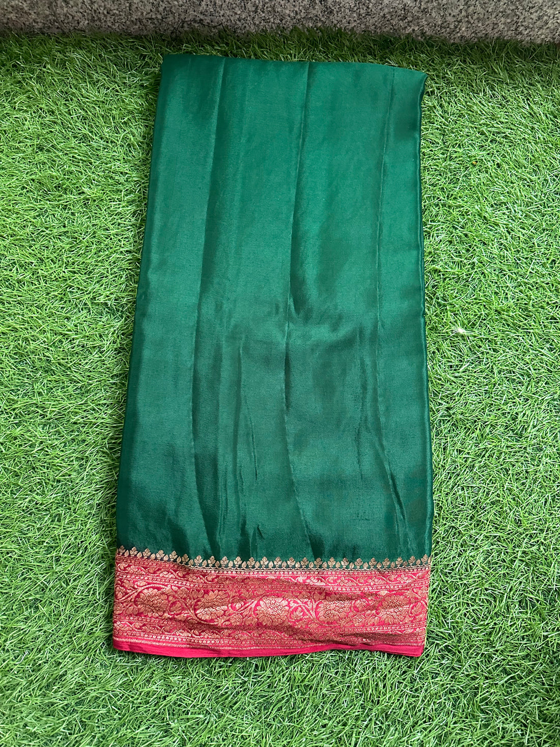 Green and red pure crepe Banaras plain with brocade blouse.