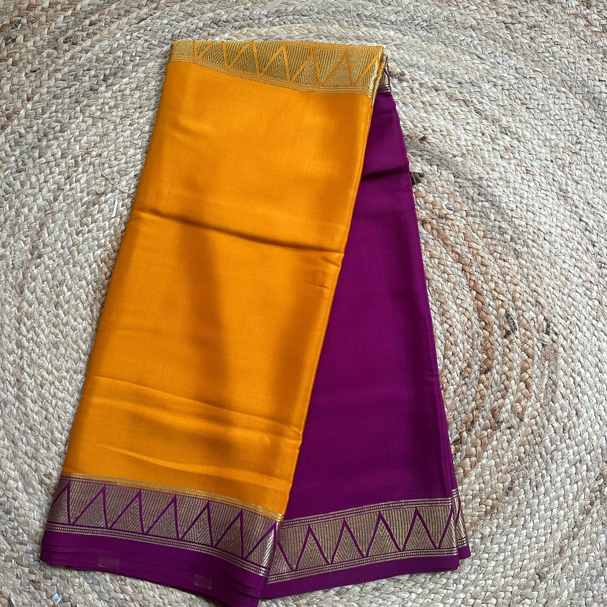 Orange and mejentha pink half and half pattern Mysore Silk crepe 120gsm