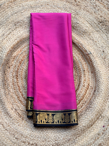 Pink and black elephant border crepe Mysore silk 120gsm