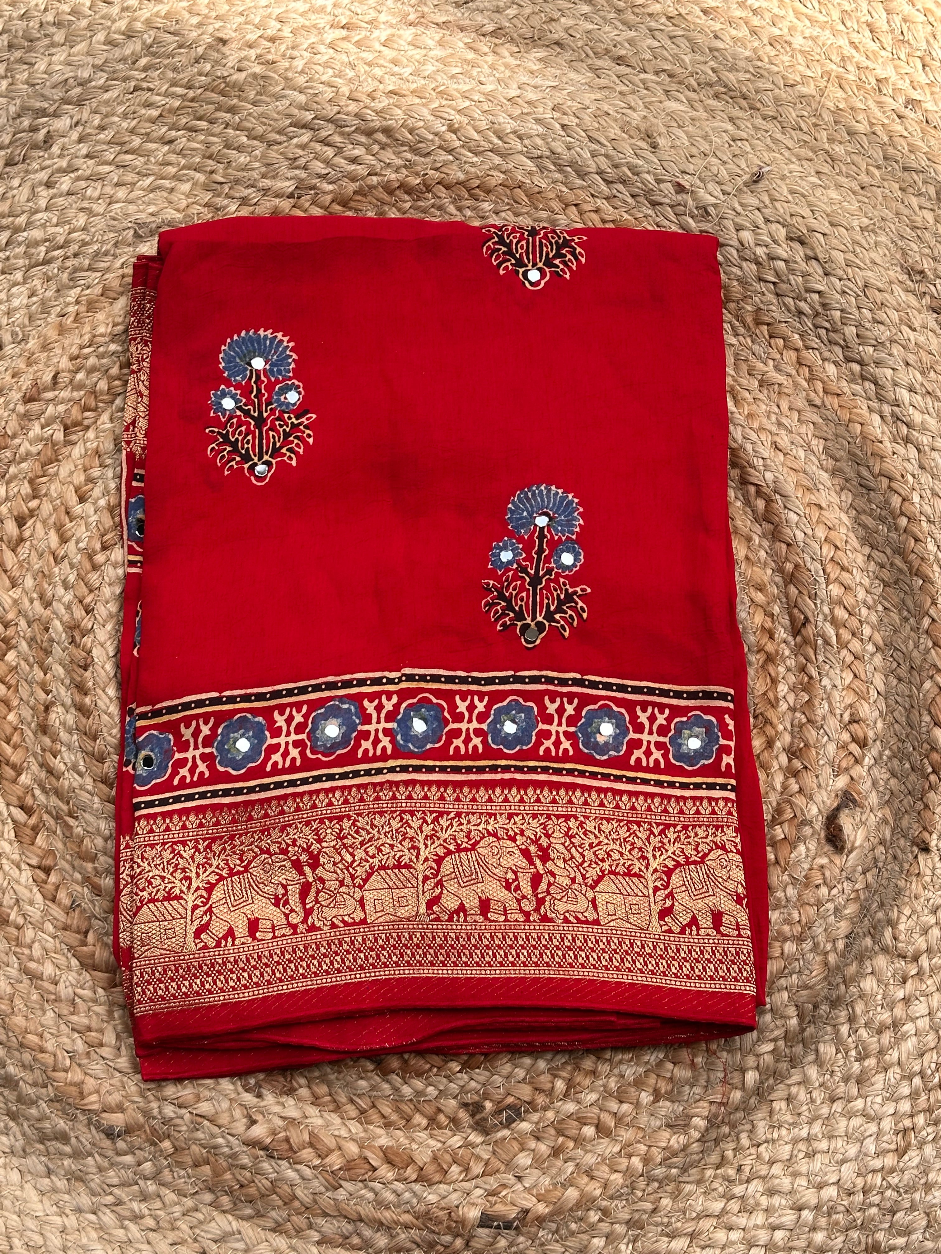 Hot red pure Ajrak dola silk with premium zari mirror work