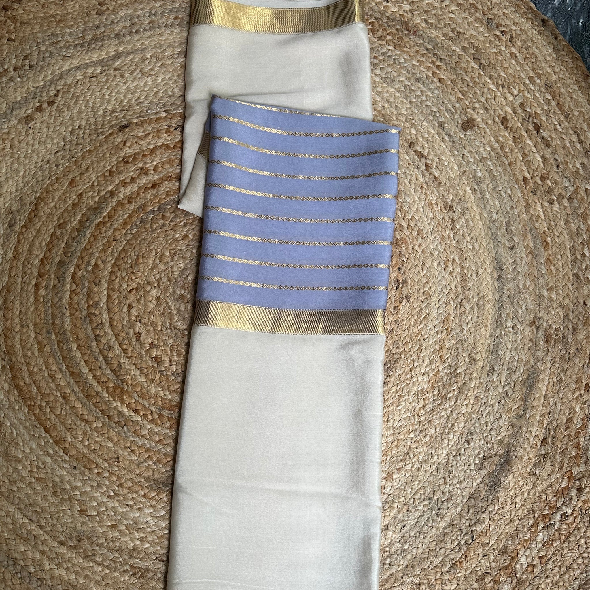 Light Lavender with half white pure crepe Mysore Silk sarees centre lined design