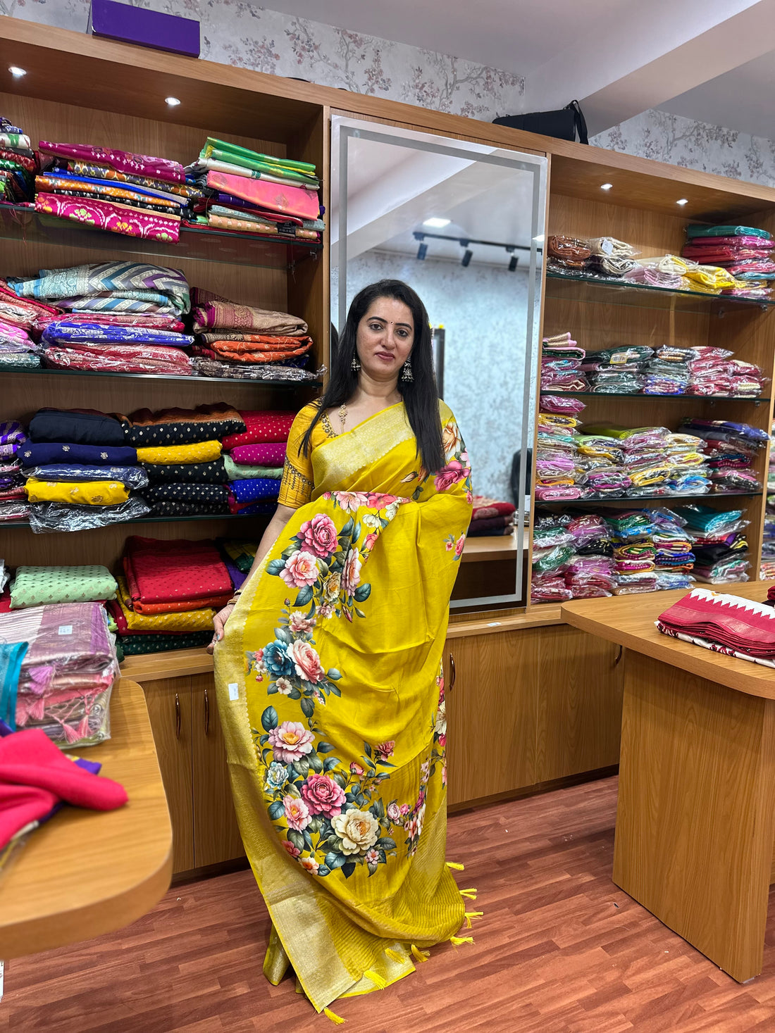 Yellow printed dola silk sarees