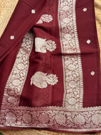 Burgundy maroon banarasi pure khadi chiffon sliver zari woven