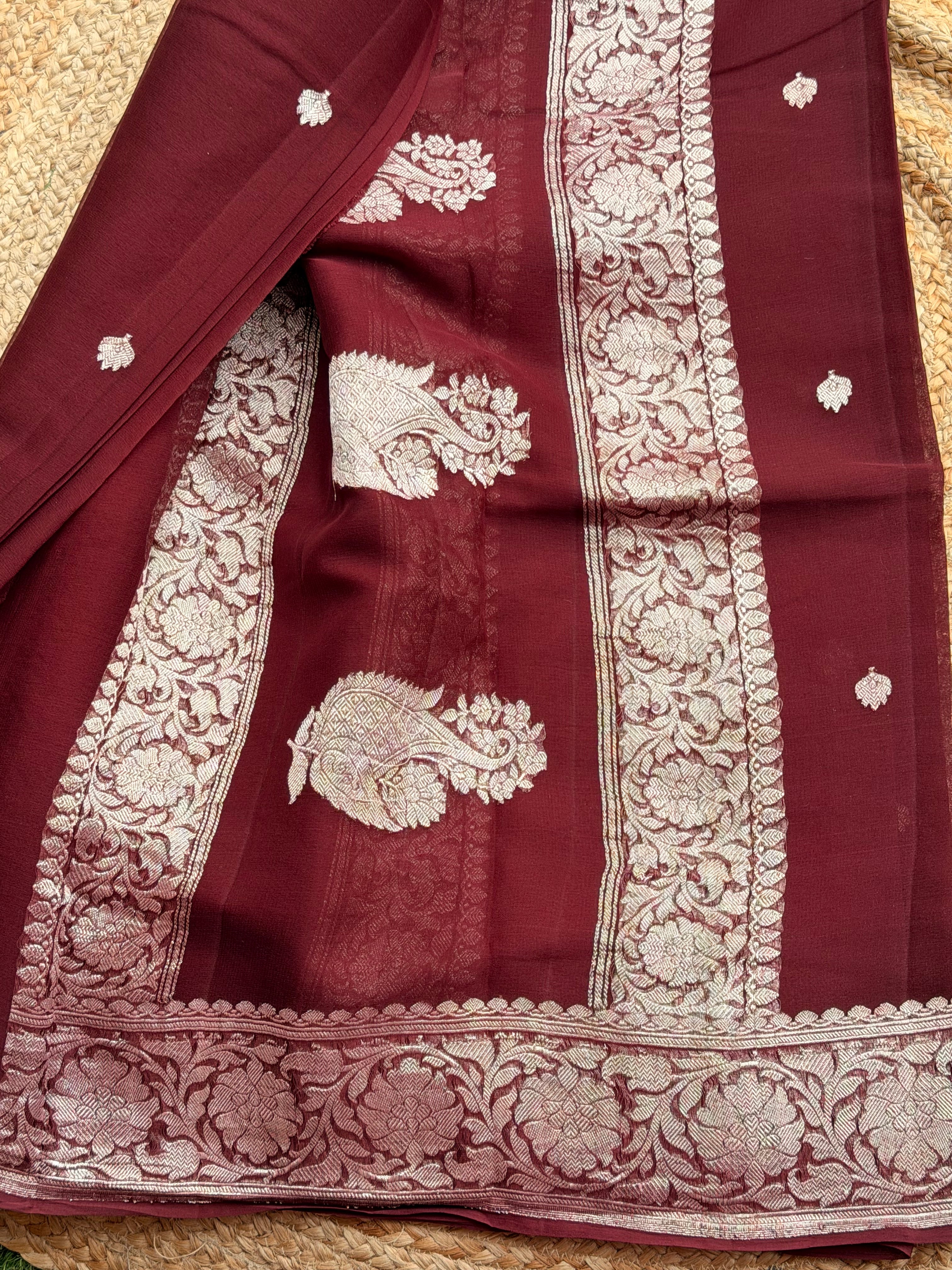 Burgundy maroon banarasi pure khadi chiffon sliver zari woven
