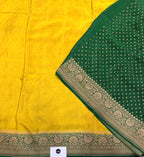 Yellow n bottle partly pallu pure benarasi crepe silk saree
