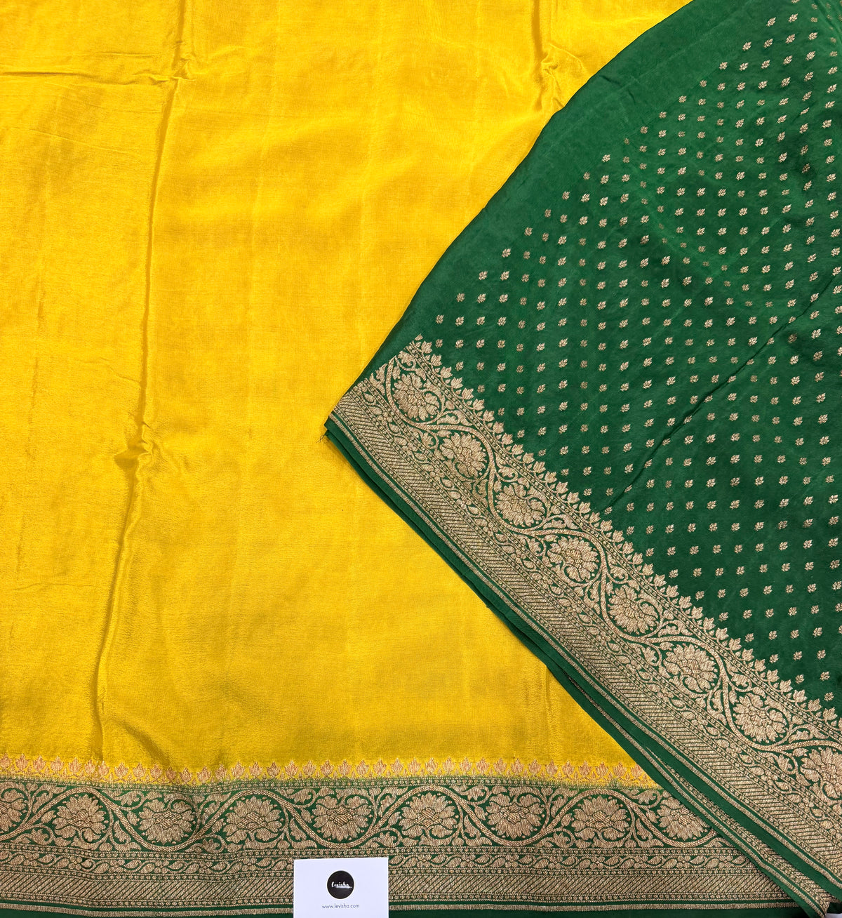 Yellow n bottle partly pallu pure benarasi crepe silk saree