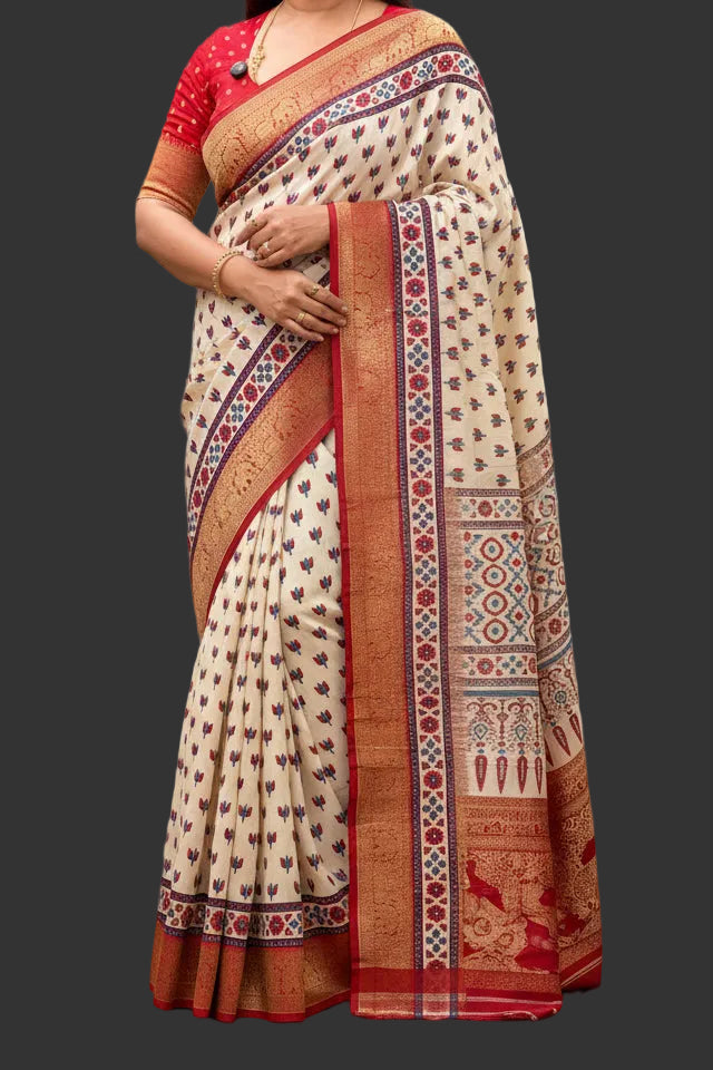 White small butta Kanchi border pure Ajrak dola sarees