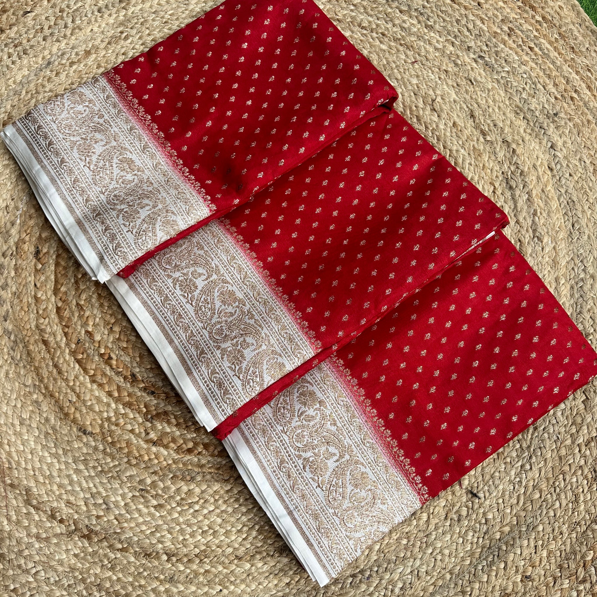 Red and white pure crepe chiffon sarees with brocade jaal blouse