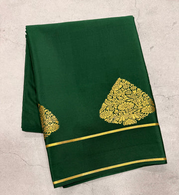 Bottle green leaf big butta pure Mysore silk crepe saree