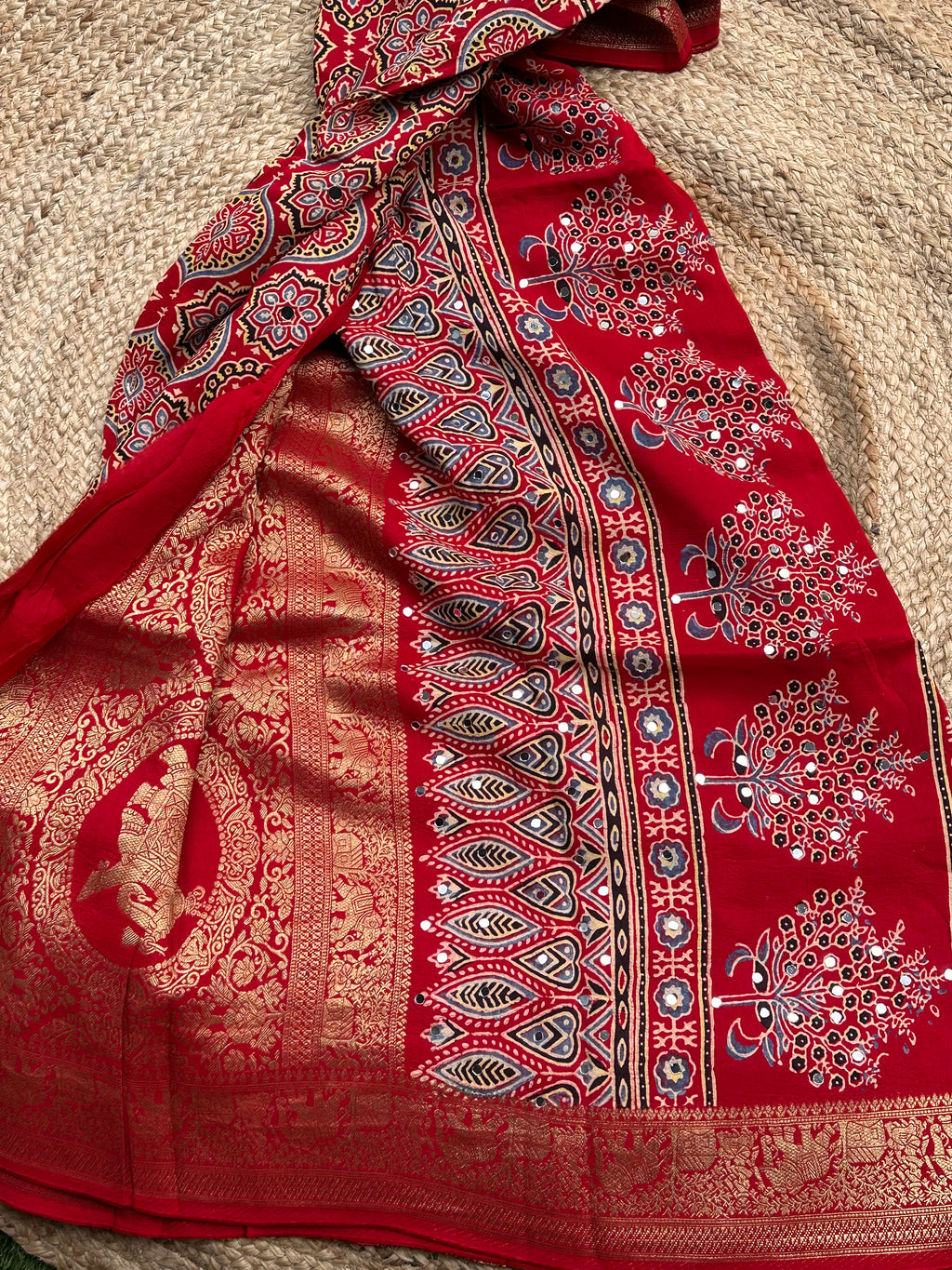 Red Ajrak dola mirror work with premium zari