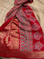 Red Ajrak dola mirror work with premium zari