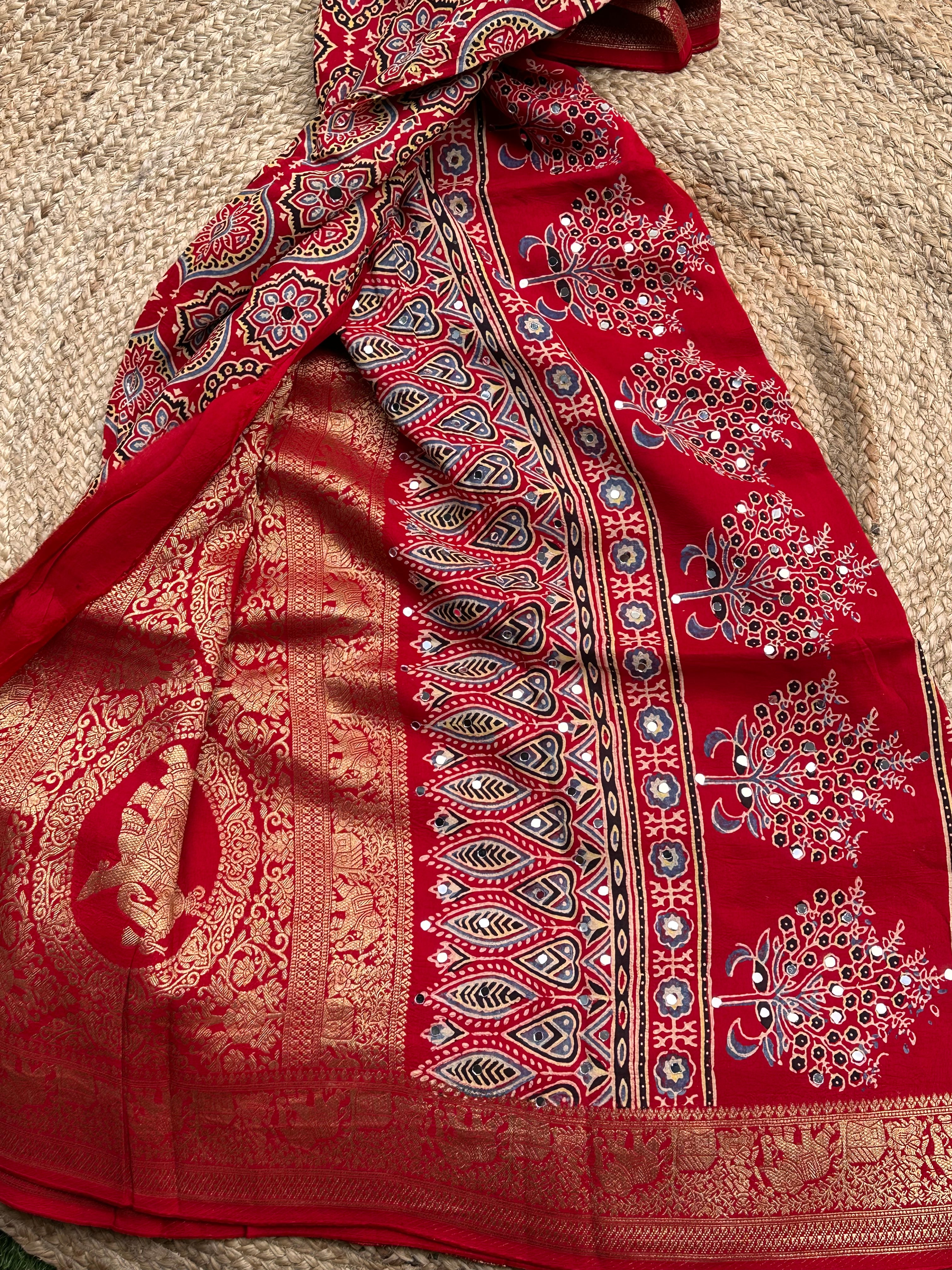 Red Ajrak dola mirror work with premium zari
