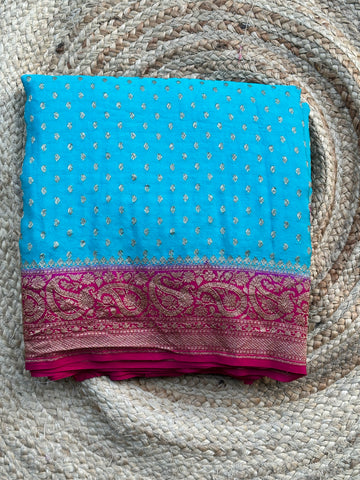 Sky blue and pink pure crepe Banaras silk saree with silk mark certified