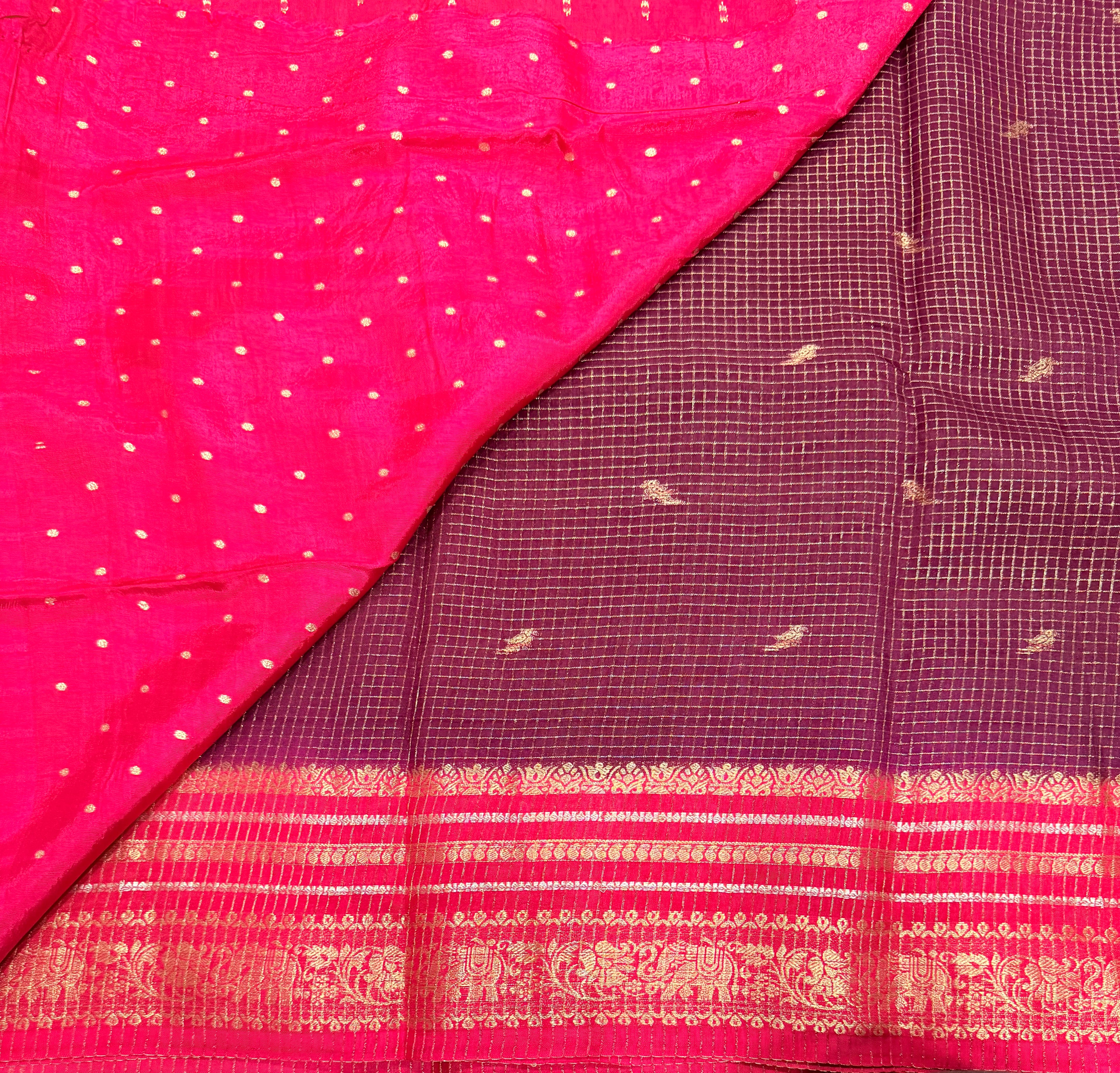 Purple contrast border checks Dola crepe saree