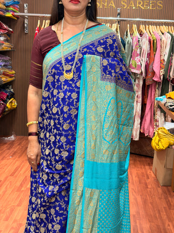 Ink blue and sky blue pure crepe Banaras jaal pattern