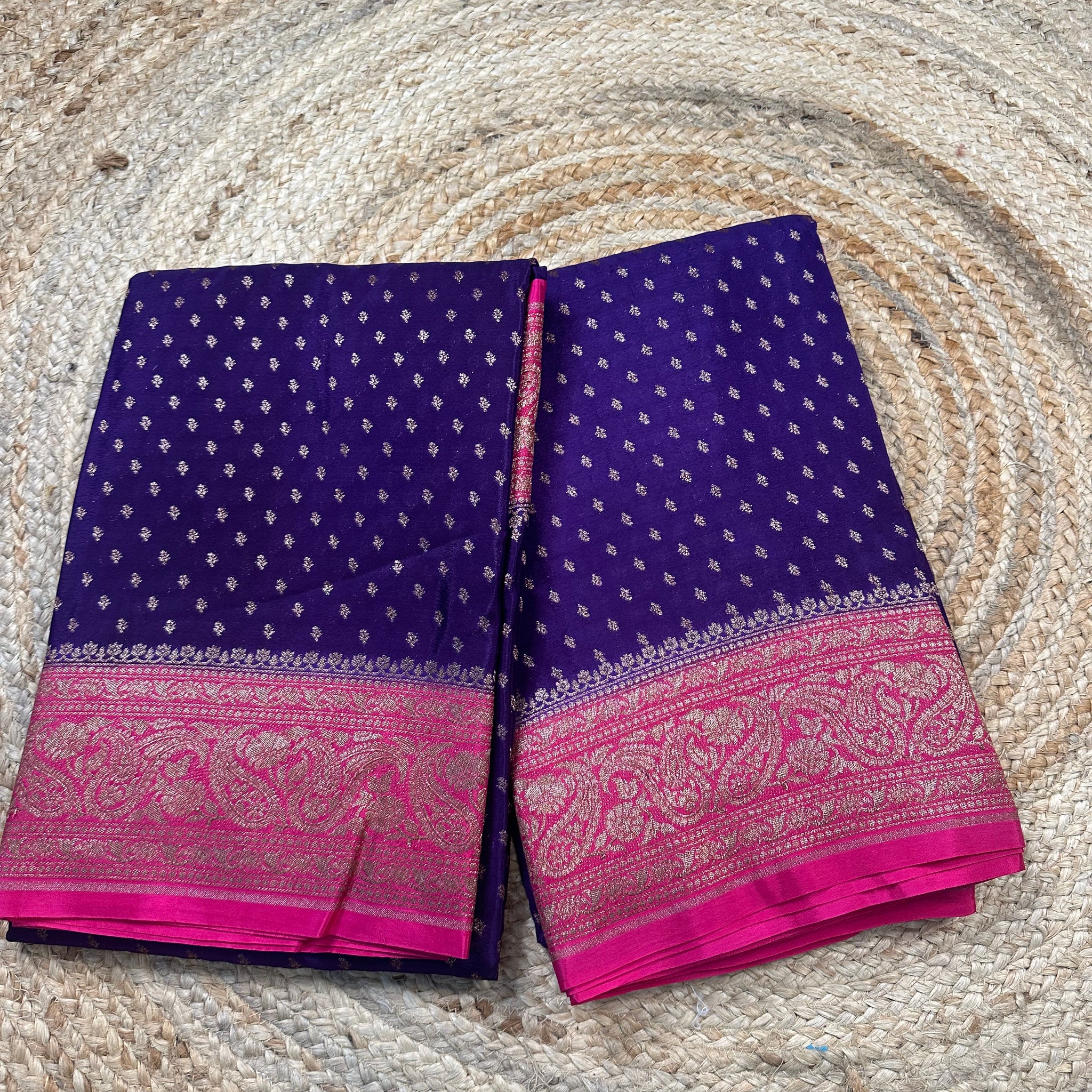Deep blue and pink crepe chiffon with brocade blouse.