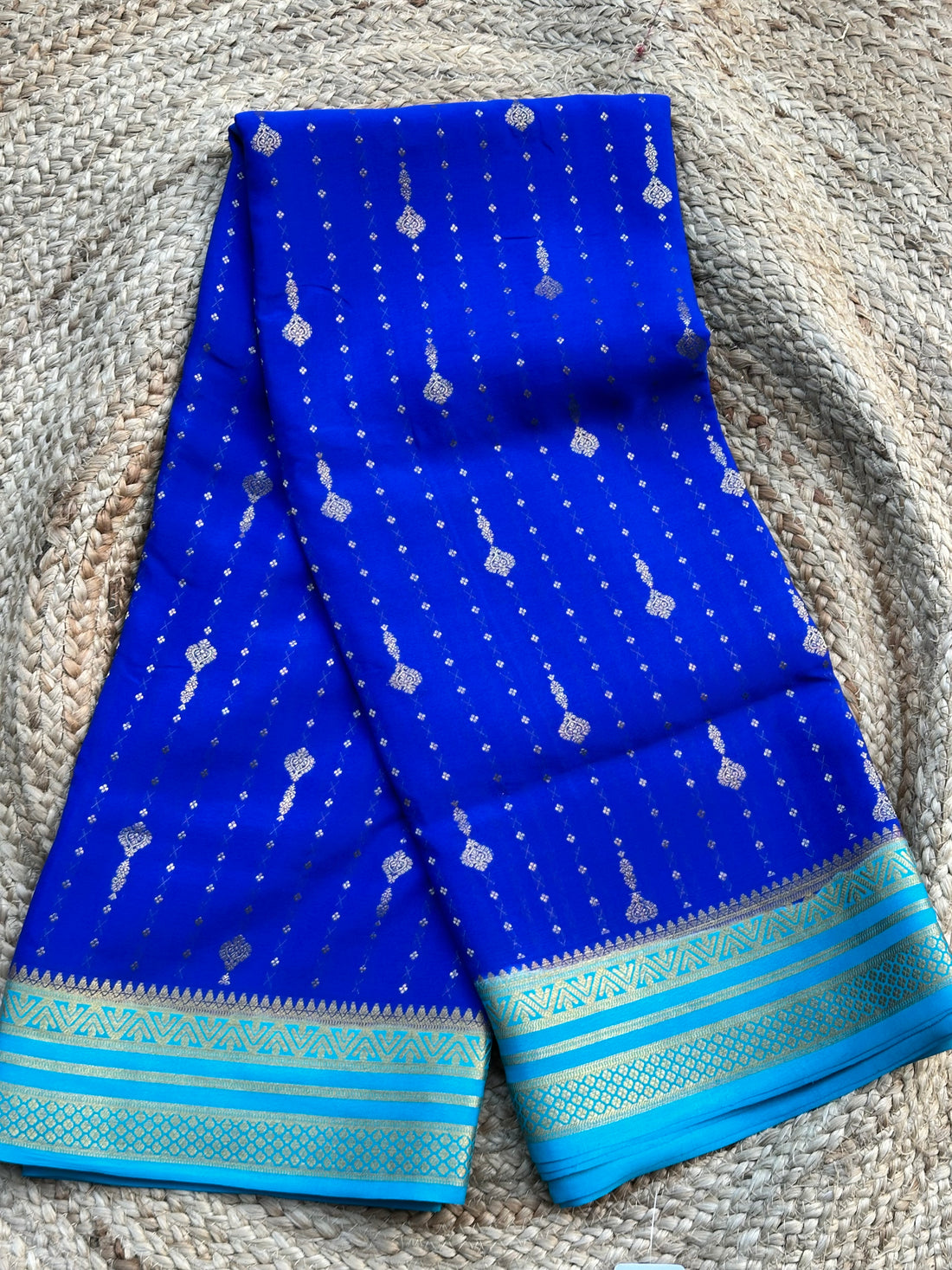 Royal blue sky blue pure crepe Mysore Silk sarees 130 gsm
