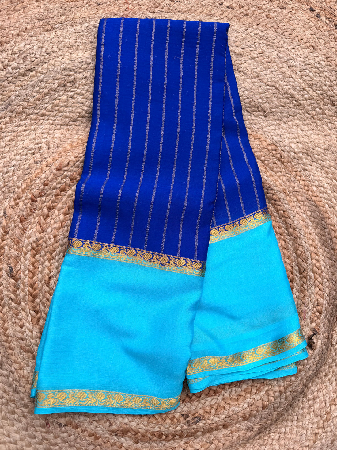 Royal blue with sky blue pure wrinkle crepe silk certified