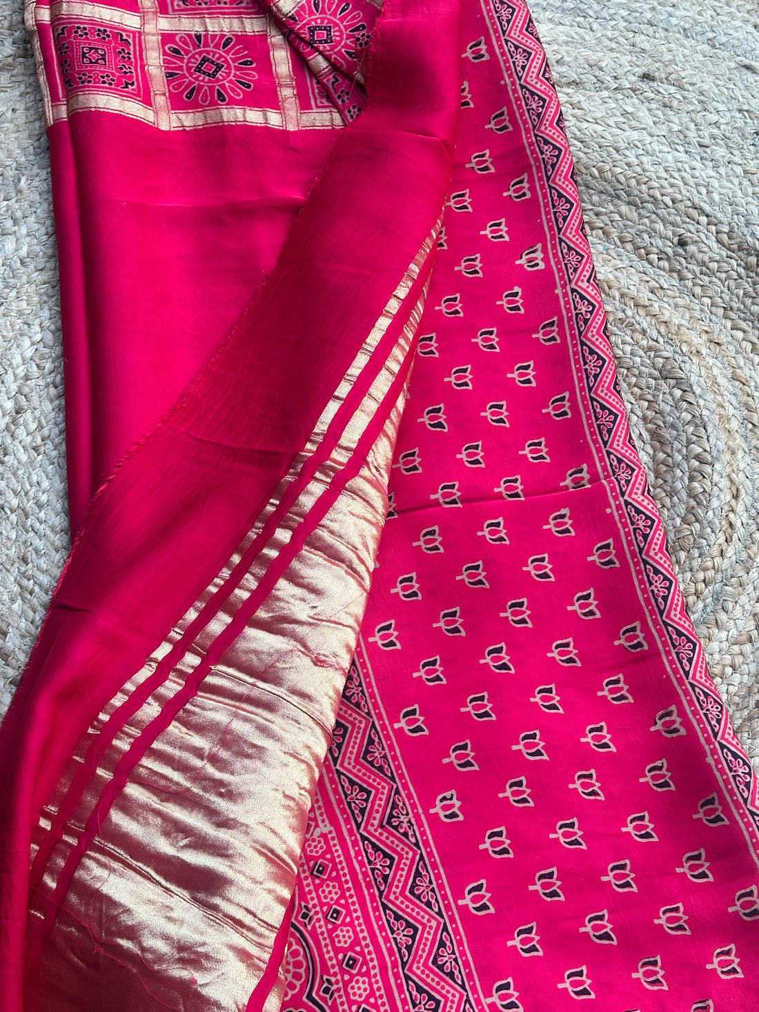 Strawberry pink pure modal silk with lotus Ajrak blouse