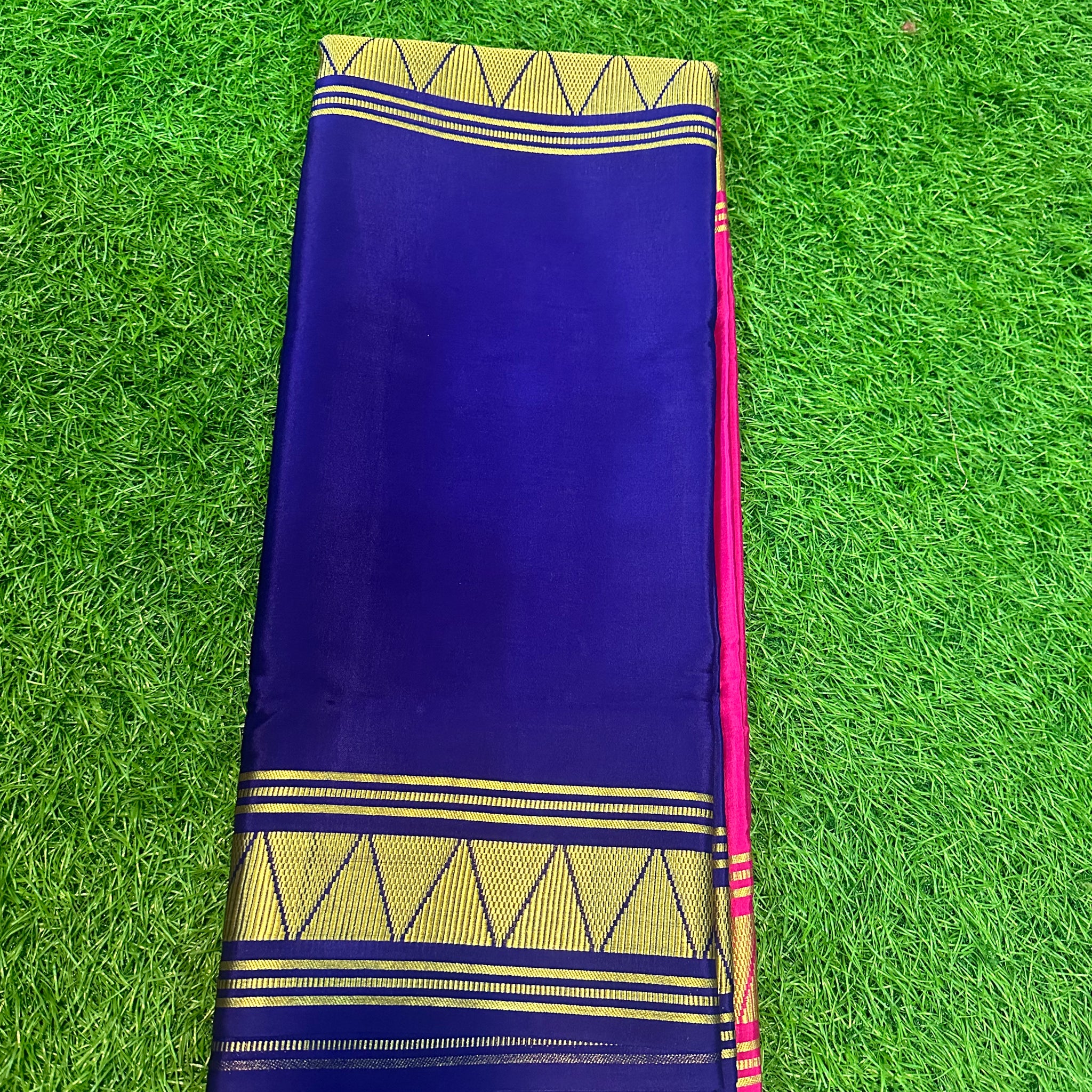 Blue and pink half and half Mysore Silk sarees.