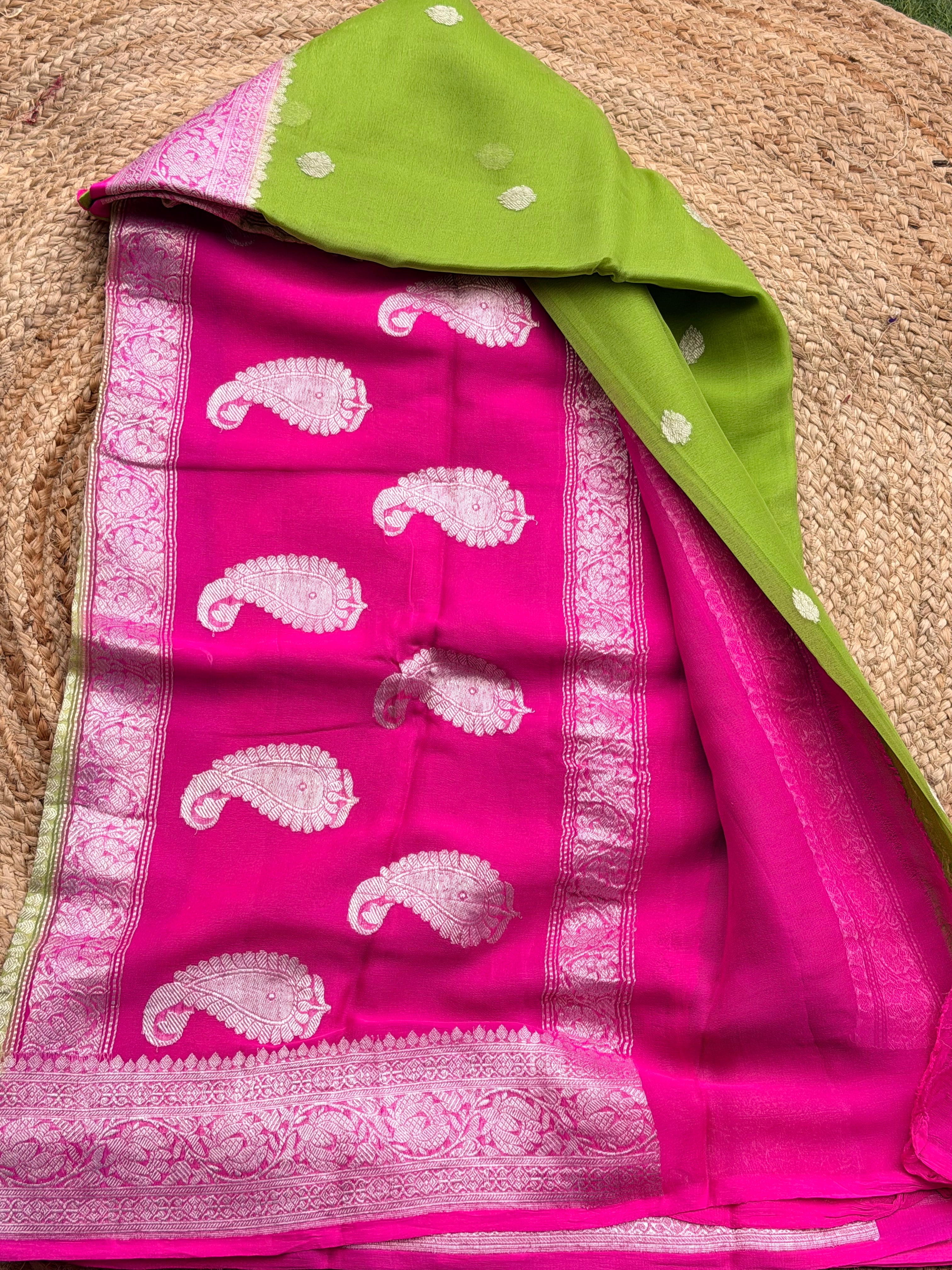 Parrot green with pink border Banarasi pure khadi chiffon saree sliver zari woven