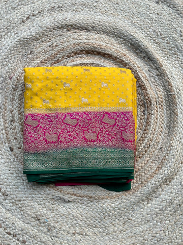 Mustard green and pink 3D pure crepe Banaras silk sarees