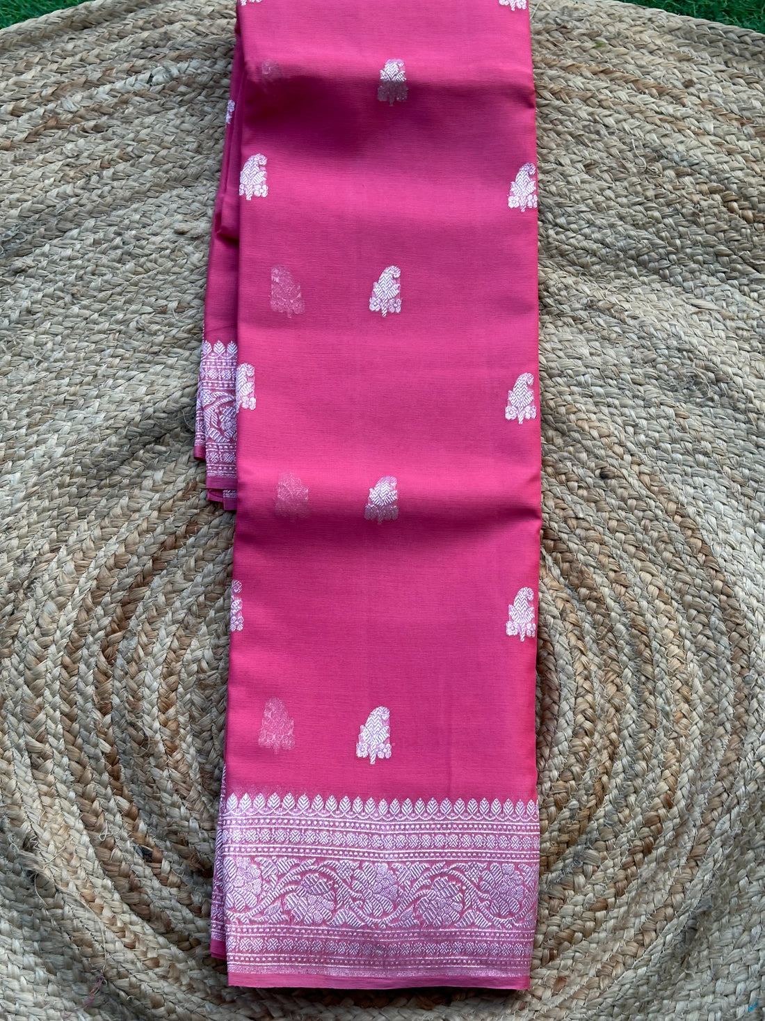 Onion pink pure chiffon silver zari woven