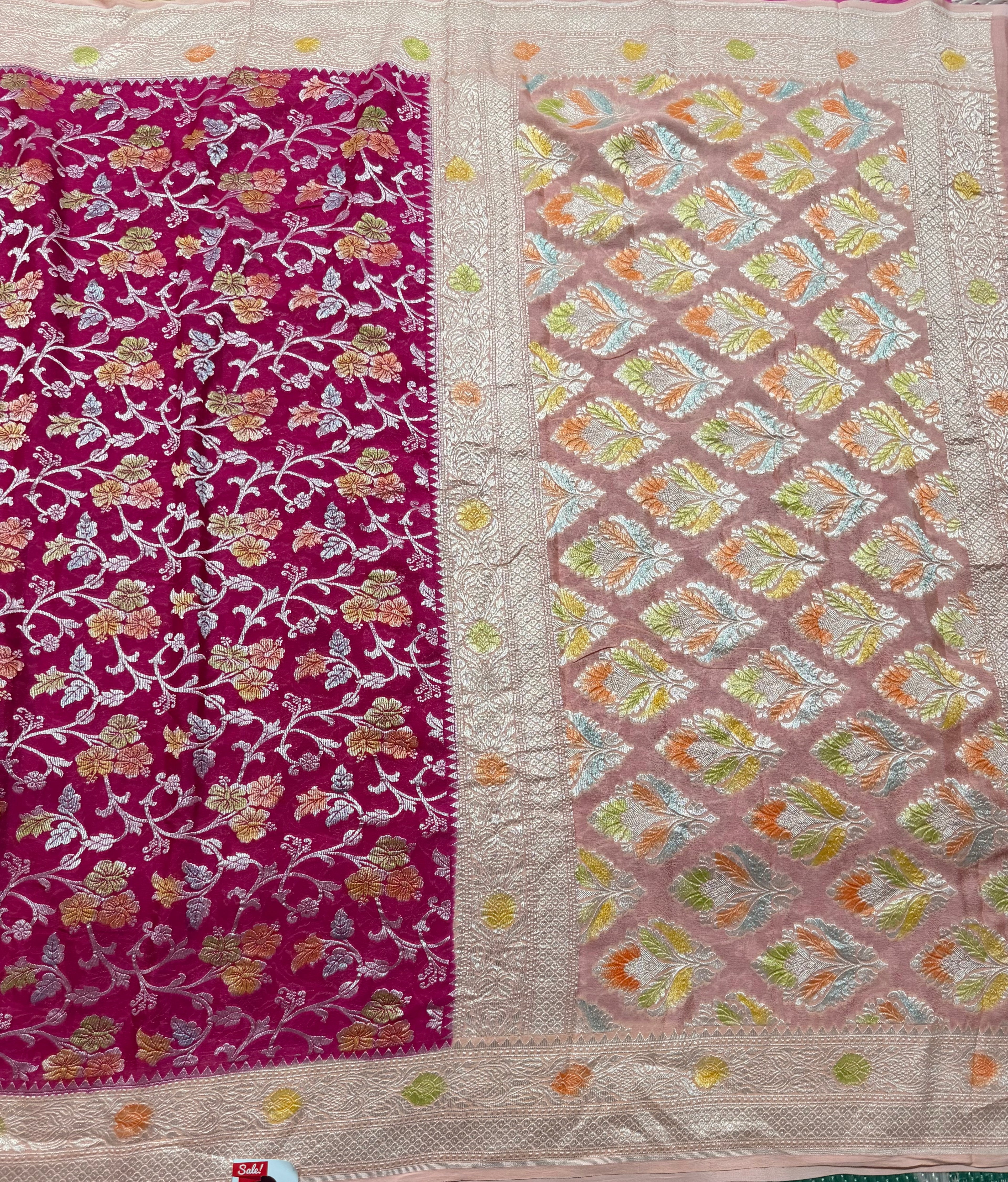 Rani pink jaal pattern pure georgette with water zari saree
