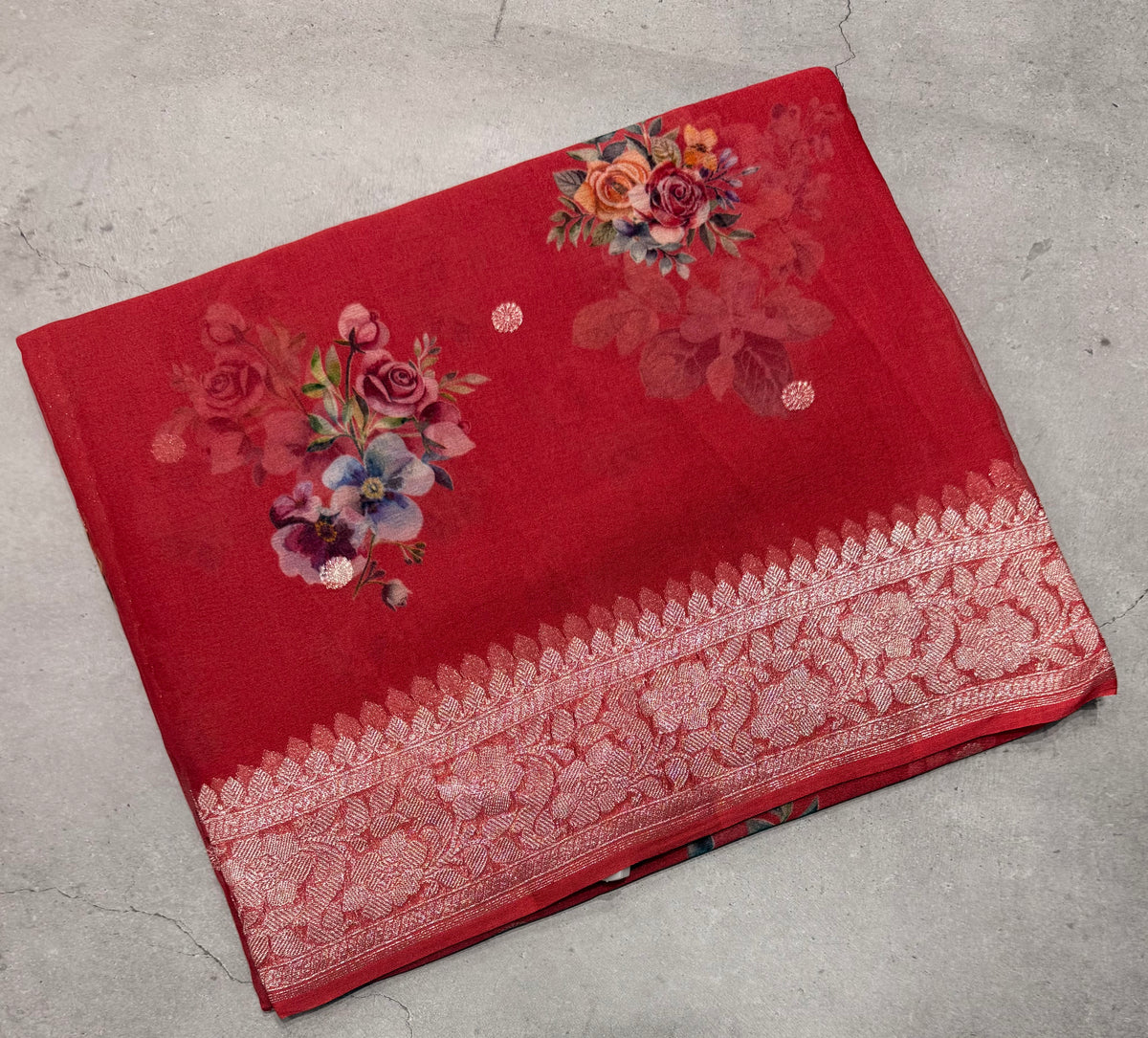 Orange digital print Banarasi pure tissue chiffon saree sliver zari saree