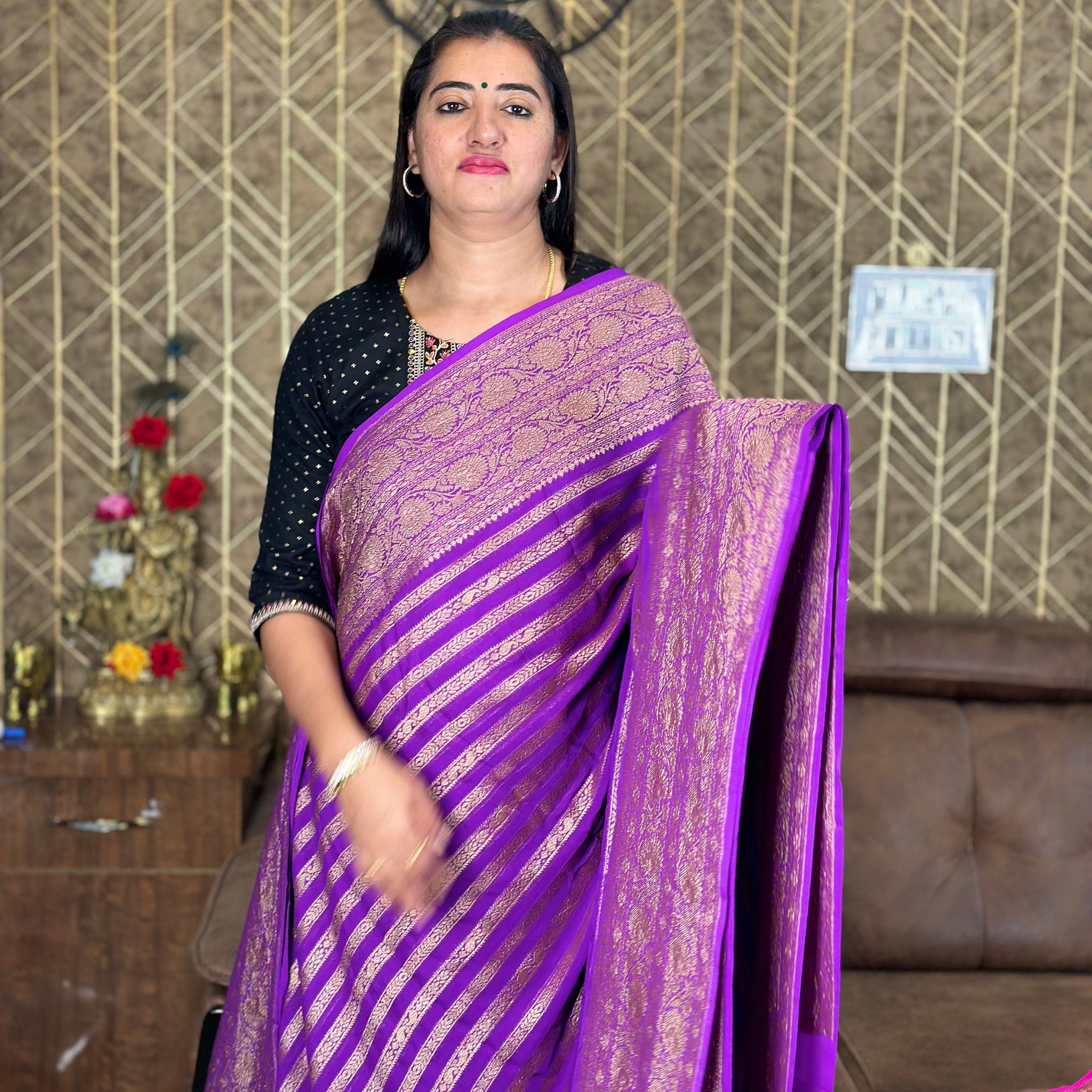 Purple pure khaddi Georgette in stripes.