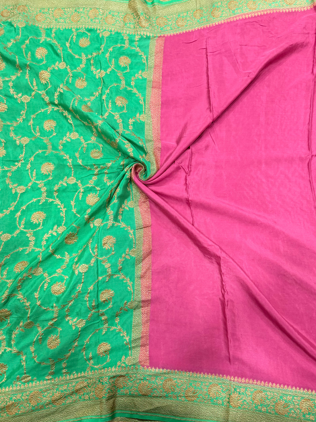 Pastel pink n light green partly pallu pure benarasi crepe silk saree