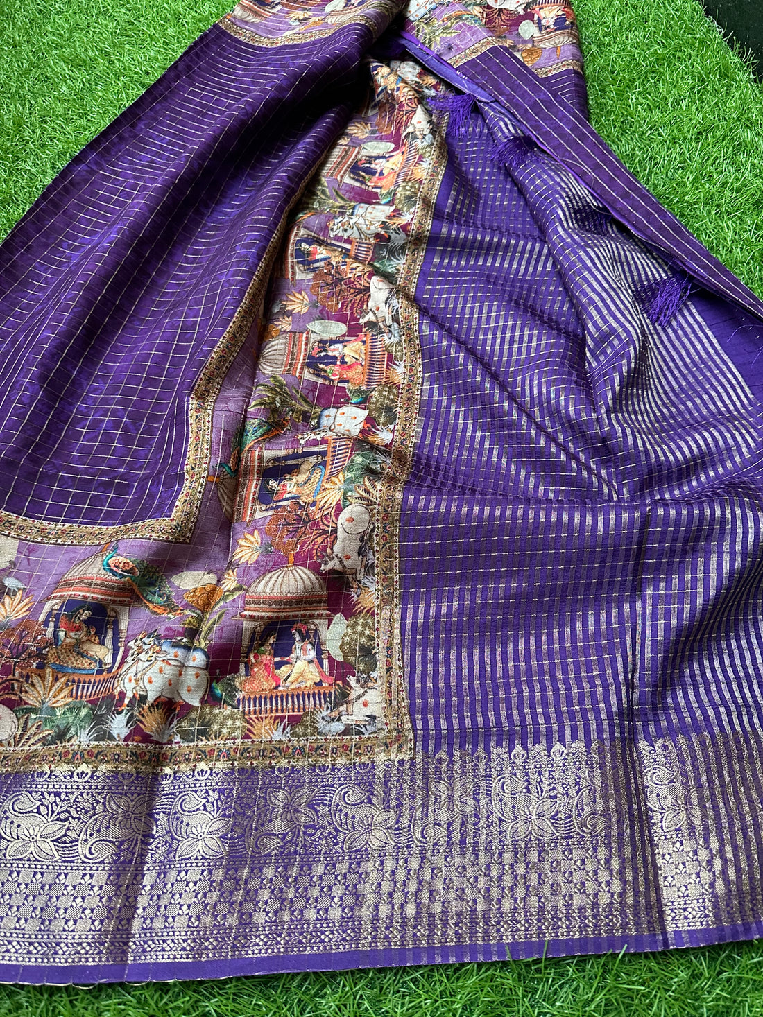 Purple dola crepe kalamkari border