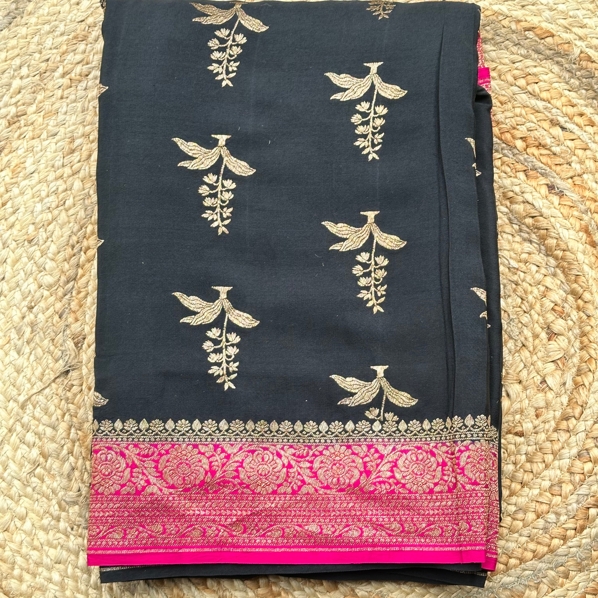 Black and pink pure crepe Banaras silk sarees