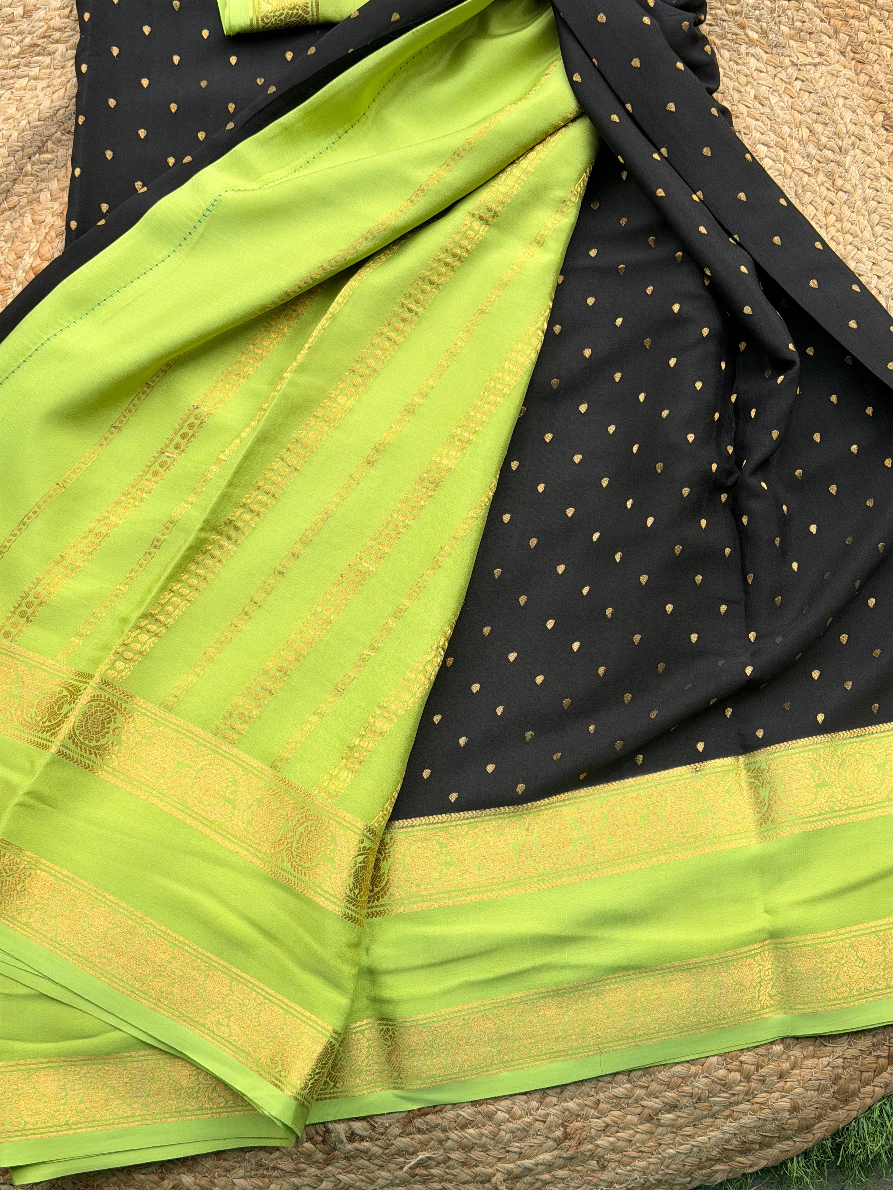 Black and light green 1000 butta pure crepe Mysore silk 120 gsm