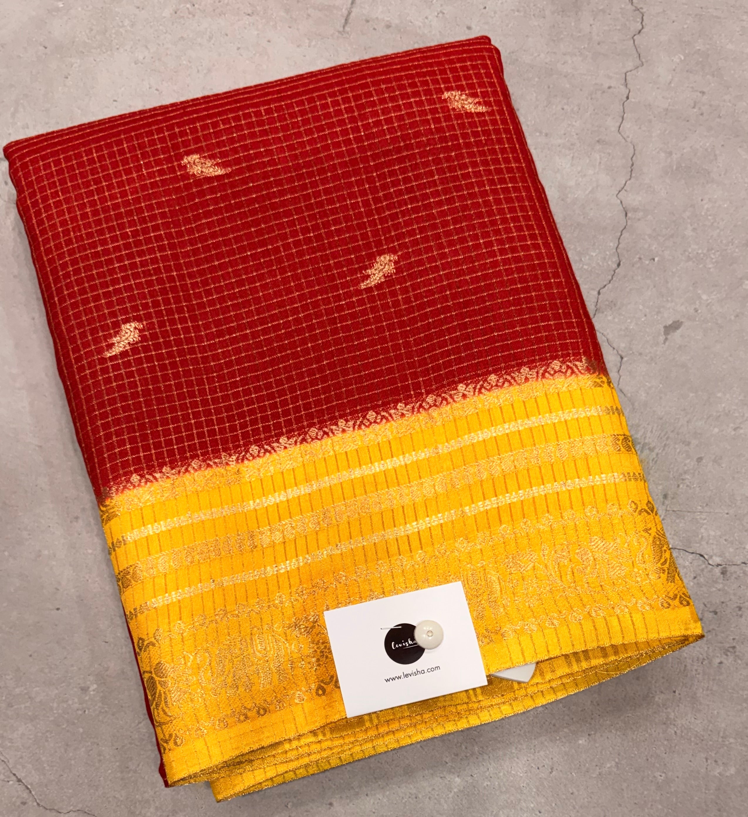 Red contrast border checks Dola crepe saree
