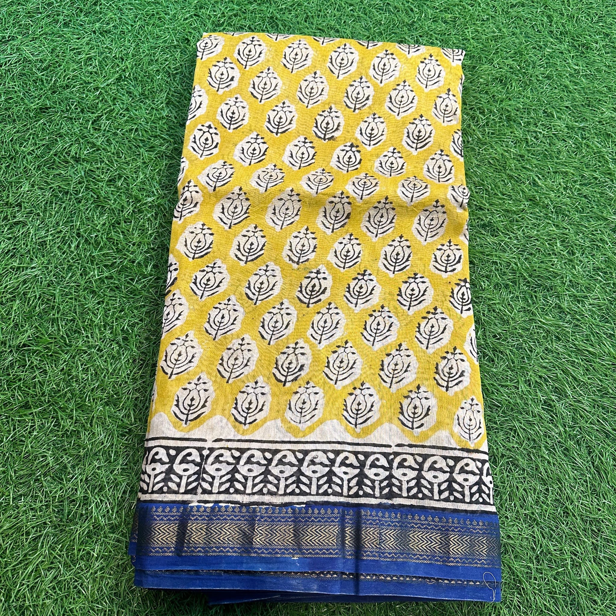 Mustard with blue border Maheshwari silk.