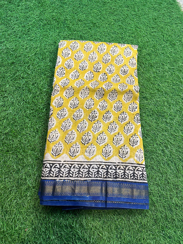 Mustard with blue border Maheshwari silk.