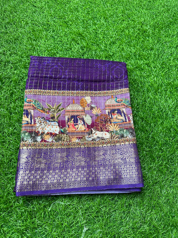 Purple dola crepe kalamkari border